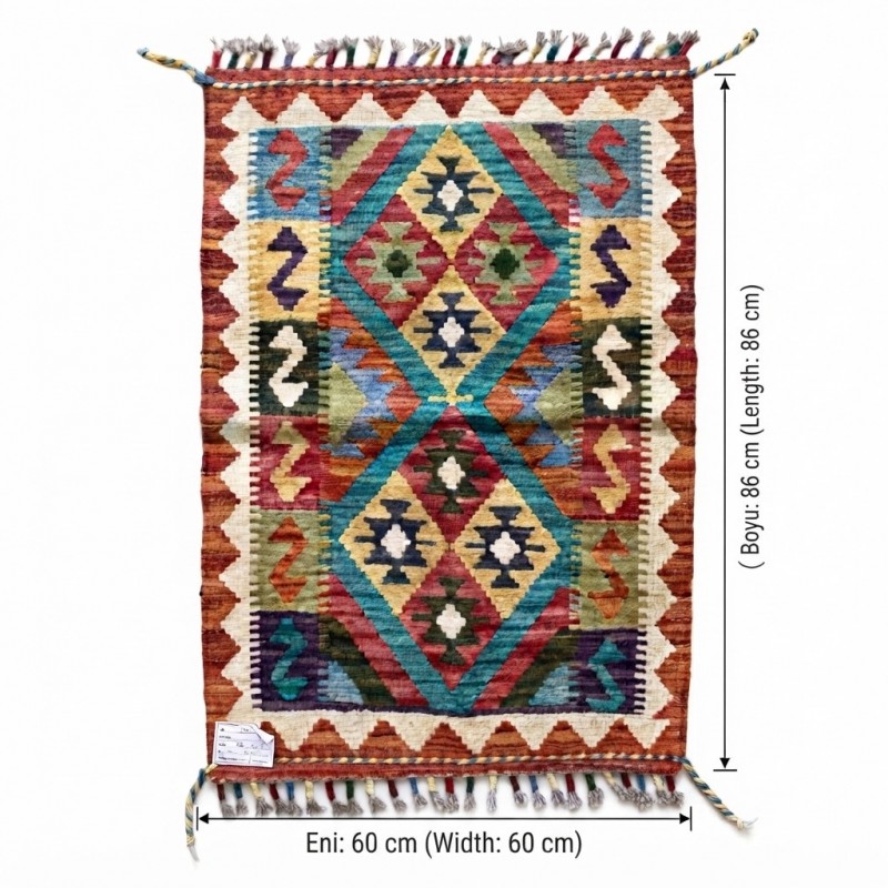 Yaratıcı Alanlarınıza İlham Katan Dokunuş: Kök Boya %100 Yün El Dokuma Kilim (86 x 60 cm)