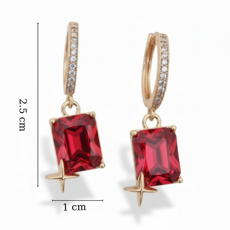 Kırmızı Baget Taşlı Yıldız Detaylı Gold Çelik Küpe Kırmızı Baget Taşlı Yıldız Detaylı Gold Çelik Küpe