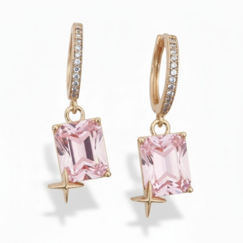 Pembe Baget Taşlı Yıldız Detaylı Gold Çelik Küpe Pembe Baget Taşlı Yıldız Detaylı Gold Çelik Küpe