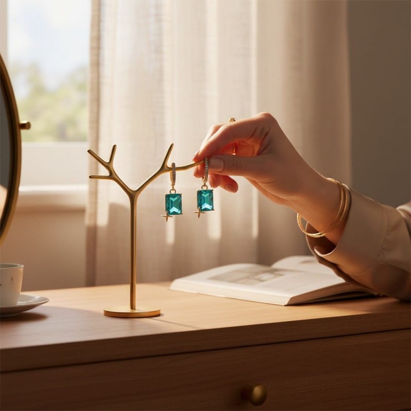 Turkuaz Yeşili Baget Taşlı Yıldız Detaylı Gold Çelik Küpe Turkuaz Yeşili Baget Taşlı Yıldız Detaylı Gold Çelik Küpe