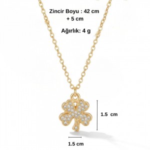 Şans Getiren Dört Yapraklı Yonca Kolye - Zirkon Taşlı - Özel Kutusunda - Kararmaz Gold Renk 