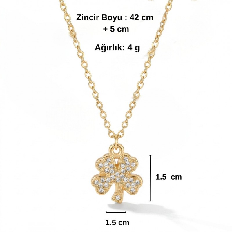 Şans Getiren Dört Yapraklı Yonca Kolye - Zirkon Taşlı - Özel Kutusunda - Kararmaz Gold Renk