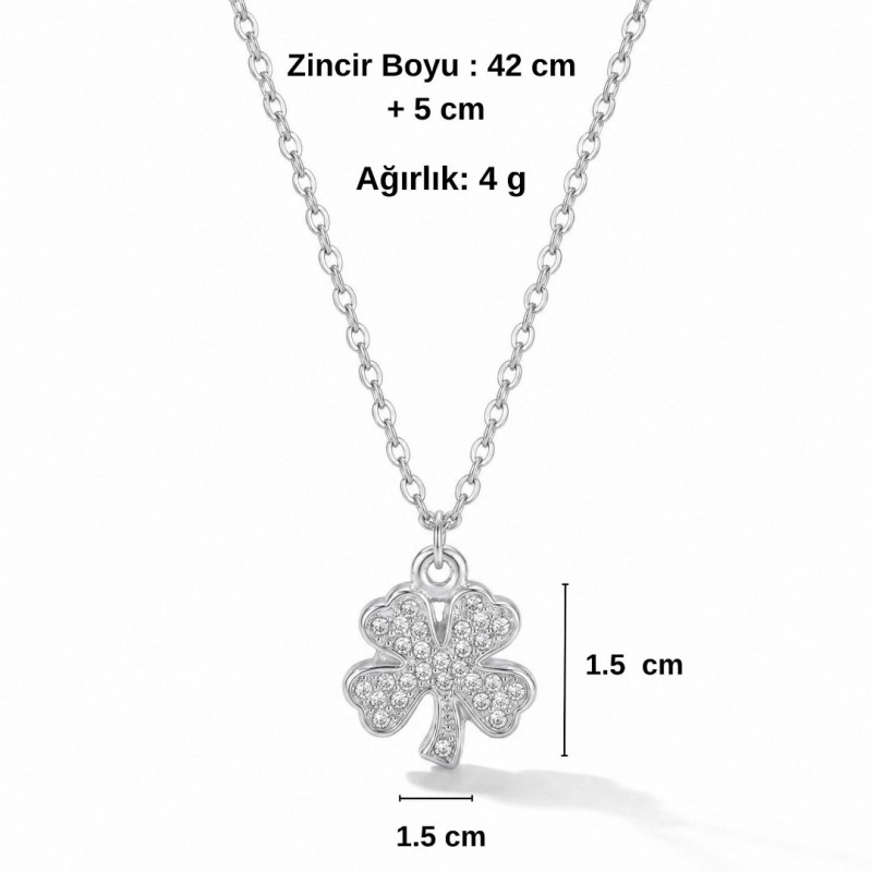 Şans Getiren Dört Yapraklı Yonca Kolye - Zirkon Taşlı - Özel Kutusunda - Kararmaz Gümüş Renk