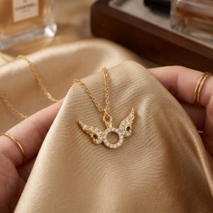 Melek Kanadı Tektaş Kolye - Zirkon Taşlı Gold Kaplama Kolye