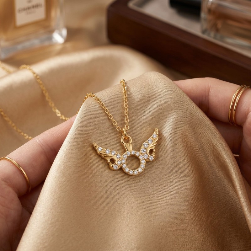 Melek Kanadı Tektaş Kolye - Zirkon Taşlı Gold Kaplama Kolye