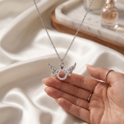 Melek Kanadı Tektaş Kolye - Zirkon Taşlı Gümüş Kaplama Kolye
