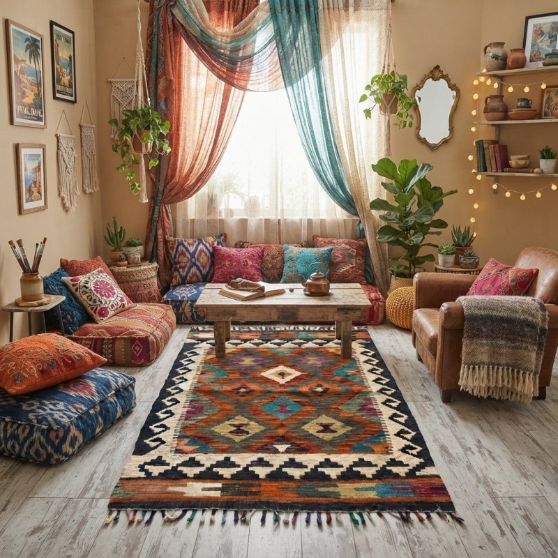 Masalsı Dinlenme Alanlarına Etnik Dokunuş: Kök Boya %100 Yün El Dokuma Kilim (92 x 60 cm) 