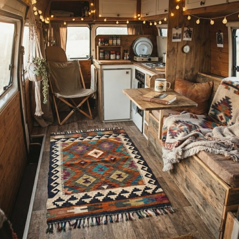 Masalsı Dinlenme Alanlarına Etnik Dokunuş: Kök Boya %100 Yün El Dokuma Kilim (92 x 60 cm)