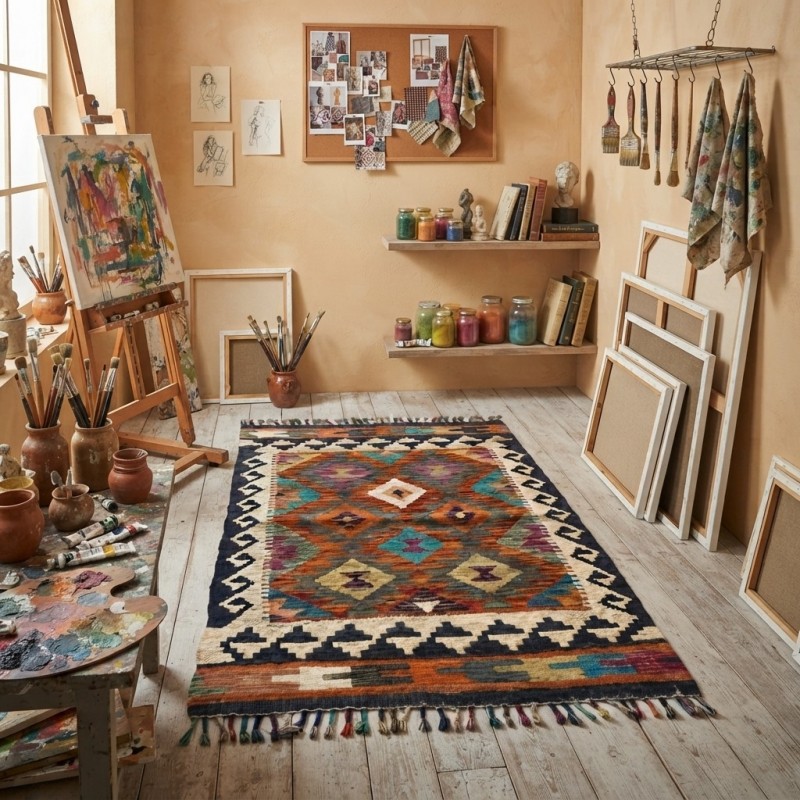 Masalsı Dinlenme Alanlarına Etnik Dokunuş: Kök Boya %100 Yün El Dokuma Kilim (92 x 60 cm)