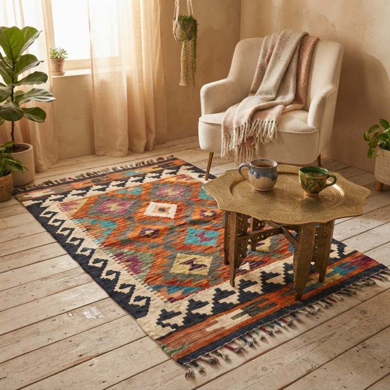 Masalsı Dinlenme Alanlarına Etnik Dokunuş: Kök Boya %100 Yün El Dokuma Kilim (92 x 60 cm)