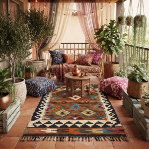 Masalsı Dinlenme Alanlarına Etnik Dokunuş: Kök Boya %100 Yün El Dokuma Kilim (92 x 60 cm)