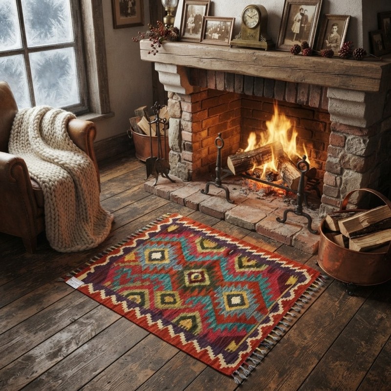 Yolculuk ve Keşif Ruhunu Evinize Taşıyın: Kök Boya %100 Yün El Dokuma Kilim (89 x 63 cm)