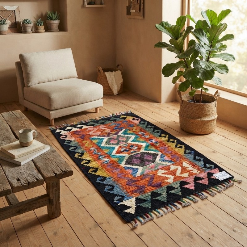 Çalışma Alanlarına İlham Katan Dokunuş: Kök Boya %100 Yün El Dokuma Kilim (92 x 63 cm)