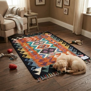 Çalışma Alanlarına İlham Katan Dokunuş: Kök Boya %100 Yün El Dokuma Kilim (92 x 63 cm)