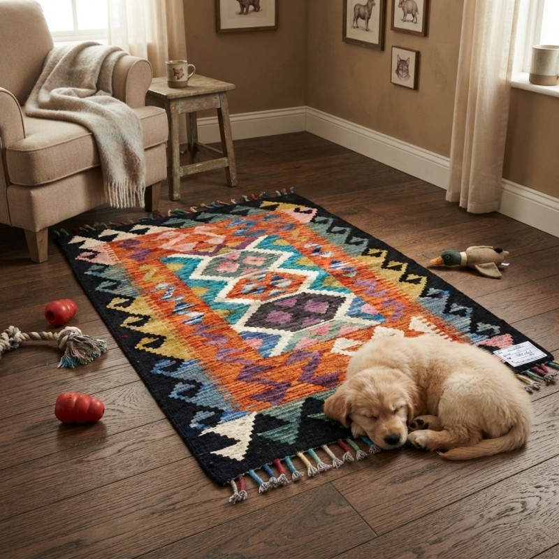 Çalışma Alanlarına İlham Katan Dokunuş: Kök Boya %100 Yün El Dokuma Kilim (92 x 63 cm)