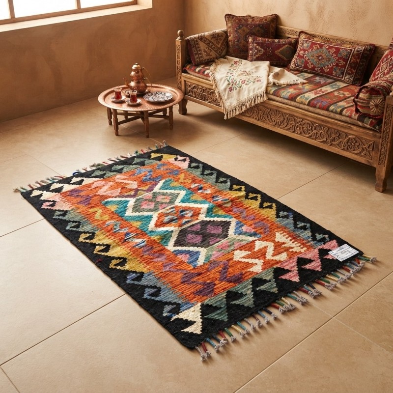 Çalışma Alanlarına İlham Katan Dokunuş: Kök Boya %100 Yün El Dokuma Kilim (92 x 63 cm)