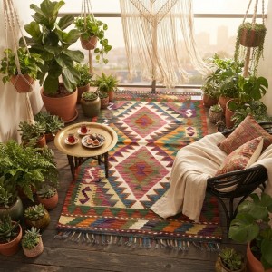 Evinize Sıcak Bir Karşılama: Kök Boya %100 Yün El Dokuma Otantik Kilim (122 x 75 cm)