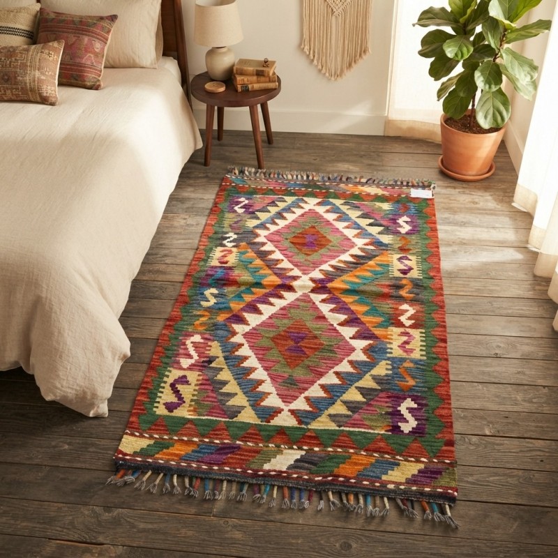 Evinize Sıcak Bir Karşılama: Kök Boya %100 Yün El Dokuma Otantik Kilim (122 x 75 cm)