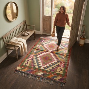 Evinize Sıcak Bir Karşılama: Kök Boya %100 Yün El Dokuma Otantik Kilim (122 x 75 cm)