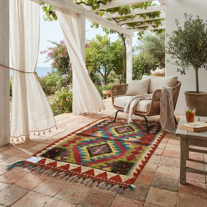 Açık Hava Keyfinize Doğal Esinti: Kök Boya %100 Yün El Dokuma Kilim (87 x 60 cm)