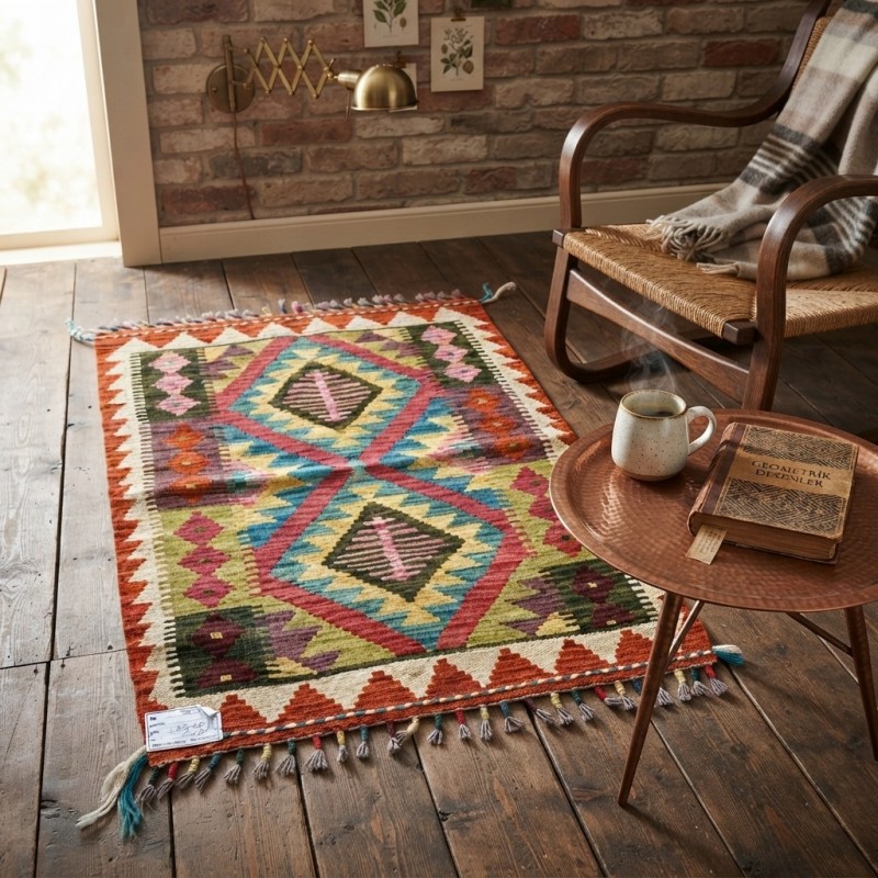 Açık Hava Keyfinize Doğal Esinti: Kök Boya %100 Yün El Dokuma Kilim (87 x 60 cm)