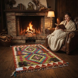 Açık Hava Keyfinize Doğal Esinti: Kök Boya %100 Yün El Dokuma Kilim (87 x 60 cm)