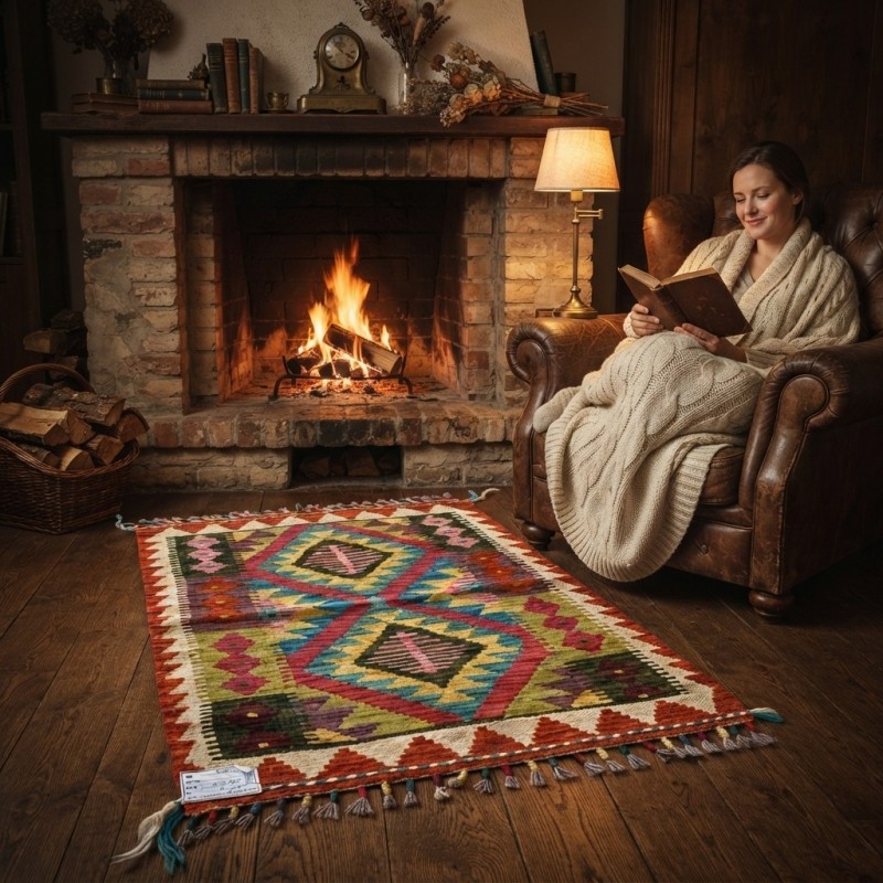 Açık Hava Keyfinize Doğal Esinti: Kök Boya %100 Yün El Dokuma Kilim (87 x 60 cm)