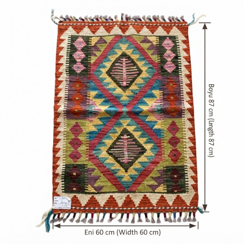 Açık Hava Keyfinize Doğal Esinti: Kök Boya %100 Yün El Dokuma Kilim (87 x 60 cm)