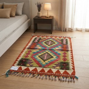 Açık Hava Keyfinize Doğal Esinti: Kök Boya %100 Yün El Dokuma Kilim (87 x 60 cm)