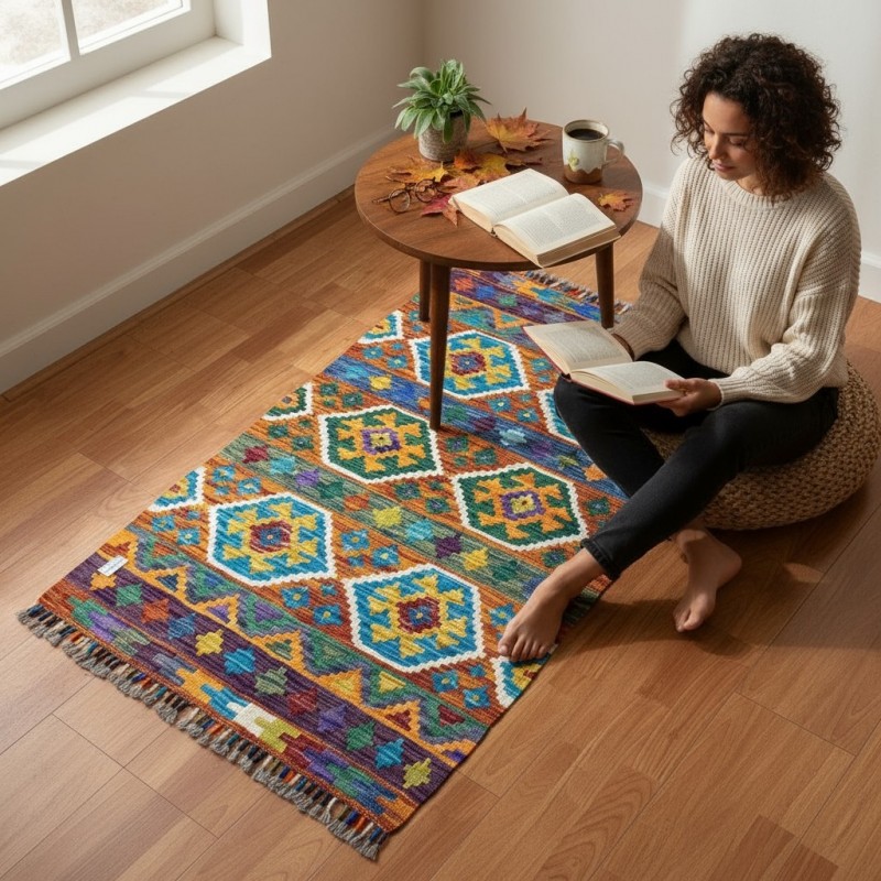 Sıcak ve Samimi Anların Eşlikçisi: Kök Boya %100 Yün El Dokuma Otantik Kilim (124 x 86 cm)