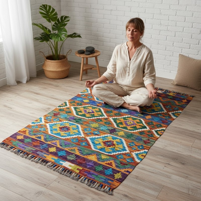 Sıcak ve Samimi Anların Eşlikçisi: Kök Boya %100 Yün El Dokuma Otantik Kilim (124 x 86 cm)