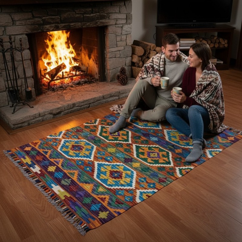Sıcak ve Samimi Anların Eşlikçisi: Kök Boya %100 Yün El Dokuma Otantik Kilim (124 x 86 cm)