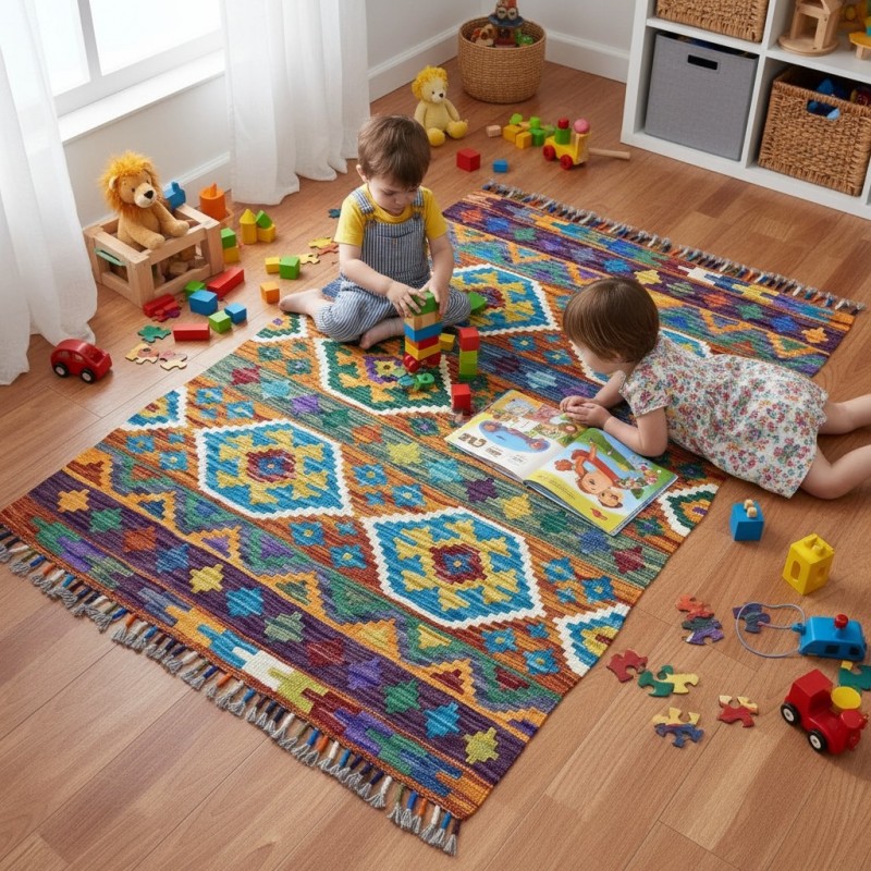 Sıcak ve Samimi Anların Eşlikçisi: Kök Boya %100 Yün El Dokuma Otantik Kilim (124 x 86 cm)
