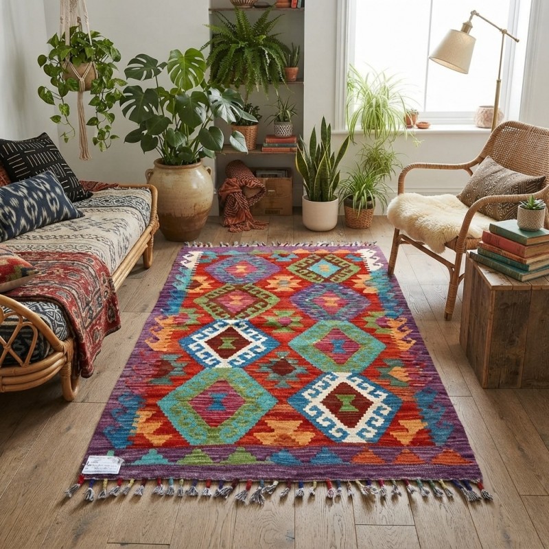 Bohemian Ruhun Şık Yansıması: Kök Boya %100 Yün El Dokuma Otantik Kilim (124 x 81 cm)