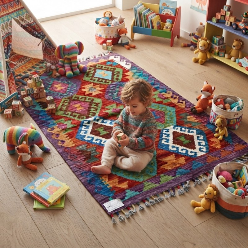 Bohemian Ruhun Şık Yansıması: Kök Boya %100 Yün El Dokuma Otantik Kilim (124 x 81 cm)