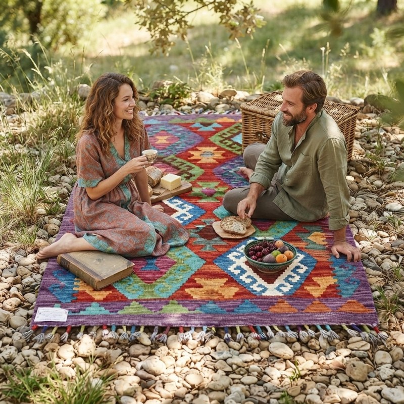 Bohemian Ruhun Şık Yansıması: Kök Boya %100 Yün El Dokuma Otantik Kilim (124 x 81 cm)