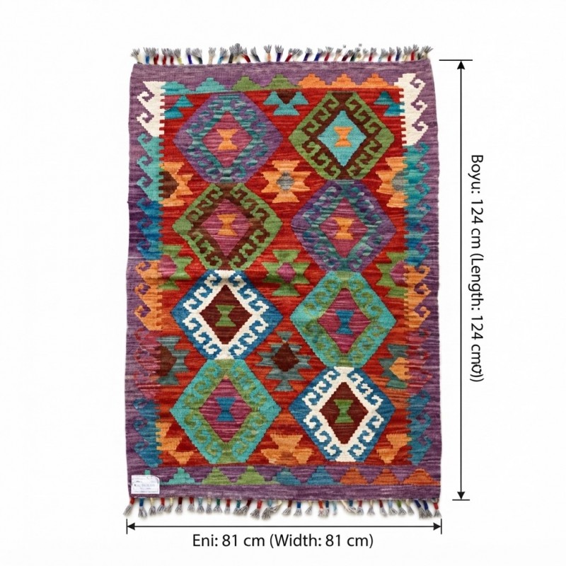 Bohemian Ruhun Şık Yansıması: Kök Boya %100 Yün El Dokuma Otantik Kilim (124 x 81 cm)