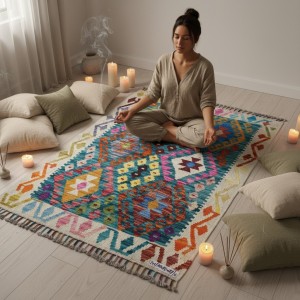 İlham Veren Çalışma Alanları: Kök Boya %100 Yün El Dokuma Otantik Kilim (107 x 84 cm)