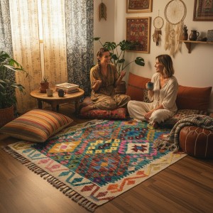 İlham Veren Çalışma Alanları: Kök Boya %100 Yün El Dokuma Otantik Kilim (107 x 84 cm)