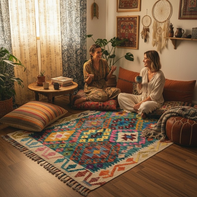 İlham Veren Çalışma Alanları: Kök Boya %100 Yün El Dokuma Otantik Kilim (107 x 84 cm)