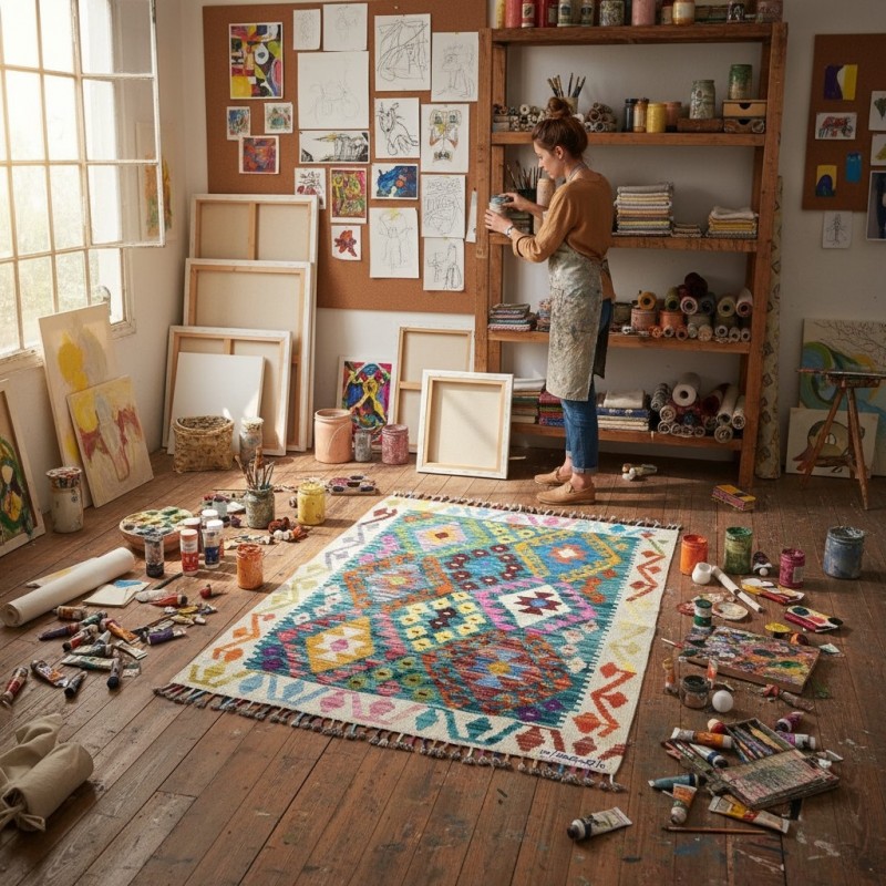 İlham Veren Çalışma Alanları: Kök Boya %100 Yün El Dokuma Otantik Kilim (107 x 84 cm)