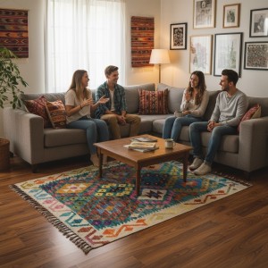 İlham Veren Çalışma Alanları: Kök Boya %100 Yün El Dokuma Otantik Kilim (107 x 84 cm)