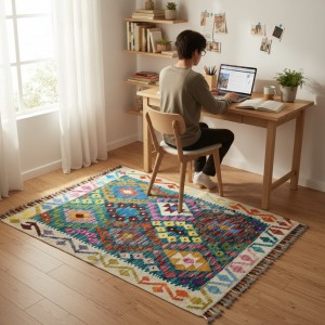 İlham Veren Çalışma Alanları: Kök Boya %100 Yün El Dokuma Otantik Kilim (107 x 84 cm)