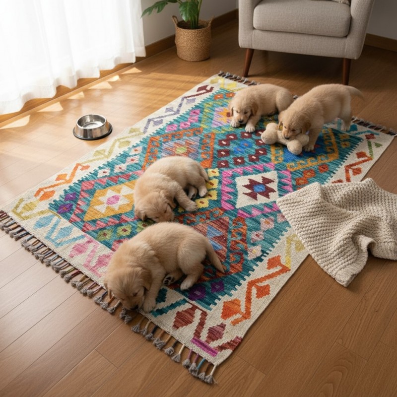 İlham Veren Çalışma Alanları: Kök Boya %100 Yün El Dokuma Otantik Kilim (107 x 84 cm)