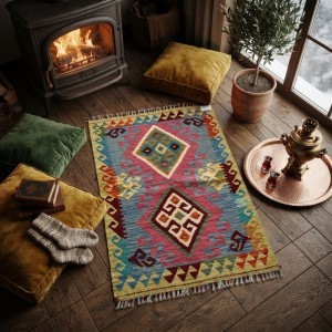 Nostaljik Kış Keyfinin Eşlikçisi: Kök Boya %100 Yün El Dokuma Otantik Kilim (125 x 84 cm)