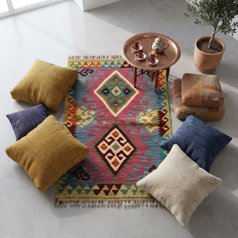 Nostaljik Kış Keyfinin Eşlikçisi: Kök Boya %100 Yün El Dokuma Otantik Kilim (125 x 84 cm)