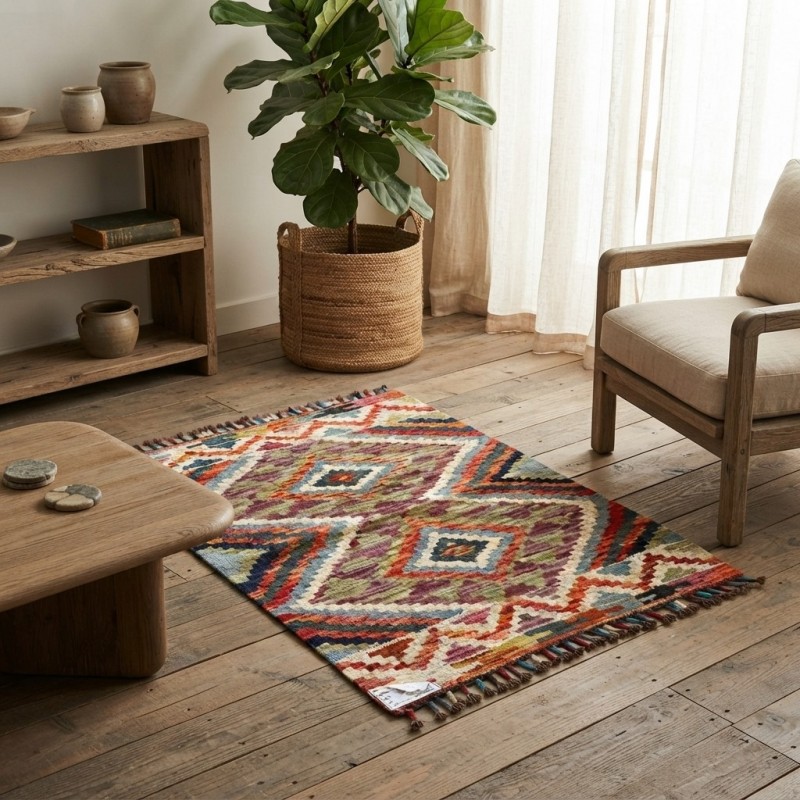 Doğal Yaşam Alanlarına Otantik Denge: Kök Boya %100 Yün El Dokuma Kilim (81 x 60 cm)