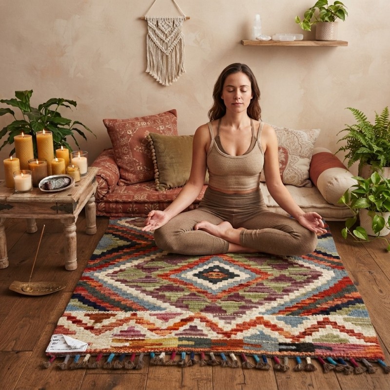 Doğal Yaşam Alanlarına Otantik Denge: Kök Boya %100 Yün El Dokuma Kilim (81 x 60 cm)
