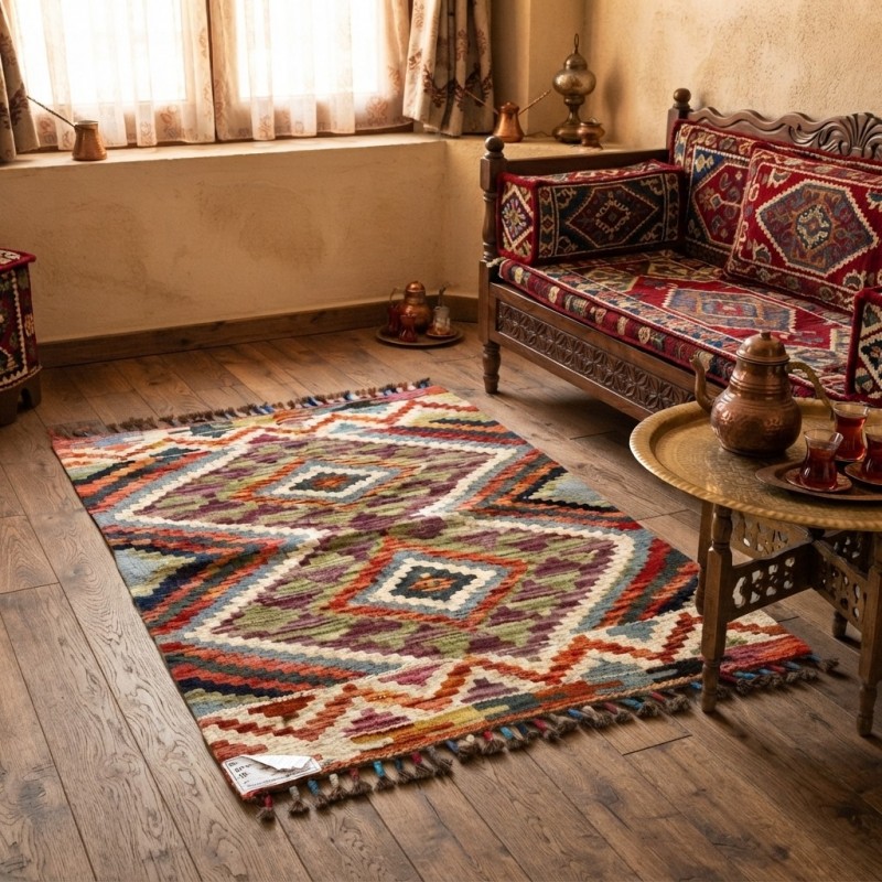 Doğal Yaşam Alanlarına Otantik Denge: Kök Boya %100 Yün El Dokuma Kilim (81 x 60 cm)