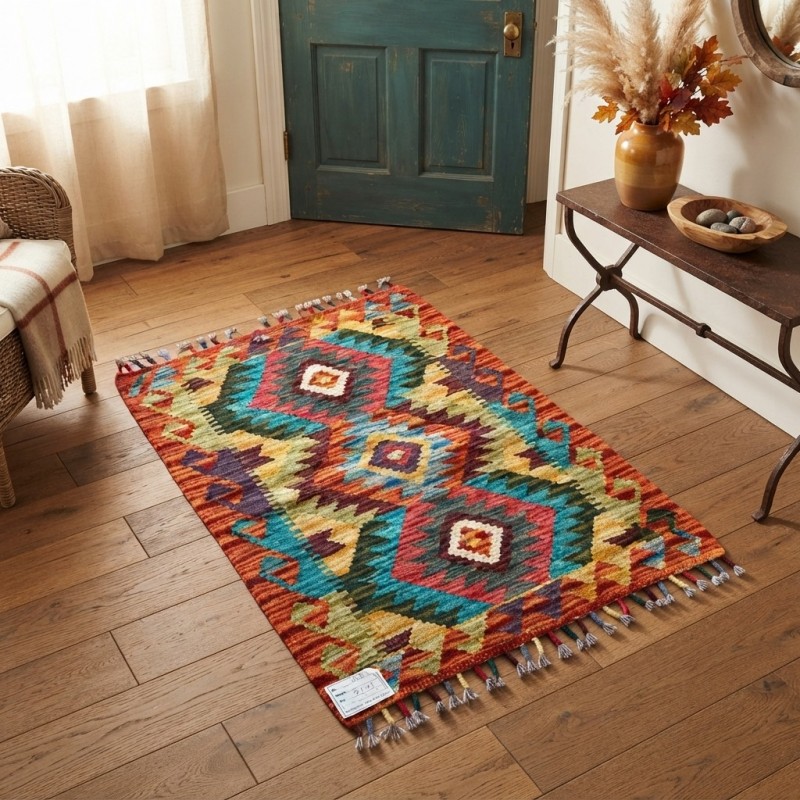 Evinizin Girişine Sıcak ve Otantik Karşılama: Kök Boya %100 Yün El Dokuma Kilim (83 x 63 cm)